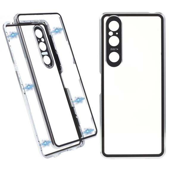 Puzdro pre Sony Xperia 1 V, Magnetic Dual Glass, strieborné