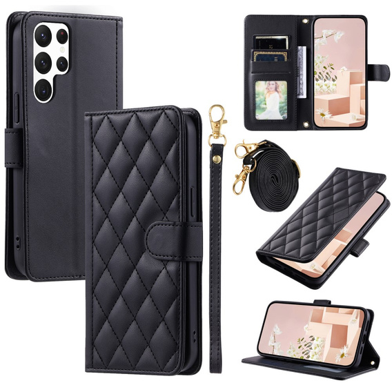 Puzdro s chlopňou pre Samsung Galaxy S25 Ultra, Rhombus Crossbody Leather, čierne