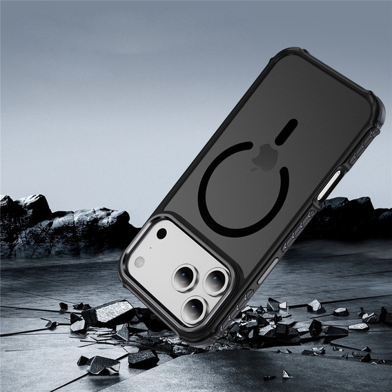 Matné puzdro pre iPhone 17 Pro, pancierované, pre MagSafe, dymové s čiernymi stranami
