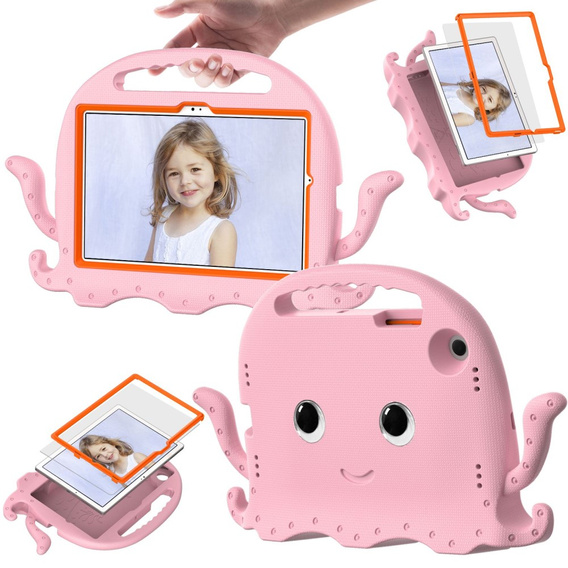 Detské puzdro pre Samsung Galaxy Tab A8 10.5, s rukoväťou, chobotnica, ružové