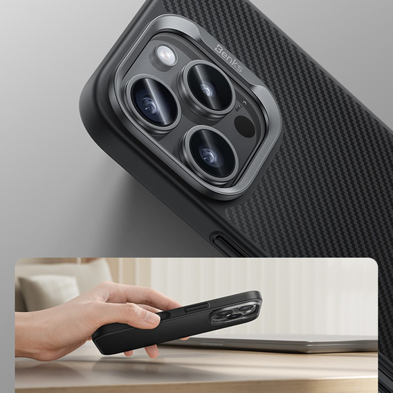Puzdro BENKS Kevlar pre iPhone 16 Pro Max, pre MagSafe, Carbon Fiber, čierne