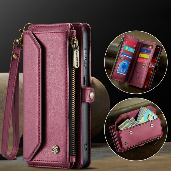 Puzdro CASEME pre Samsung Galaxy S25 FE, RFID Leather Wallet, s popruhom cez rameno, červené