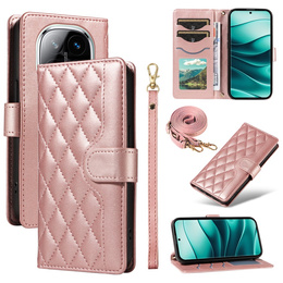 Puzdro s chlopňou pre Xiaomi Redmi Note 14 Pro 5G / Xiaomi Redmi Note 14 Pro+ 5G / Xiaomi Poco X7 5G, Rhombus Crossbody Leather, ružové rose gold