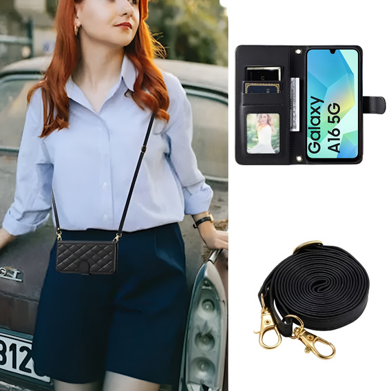 Puzdro s chlopňou pre Samsung Galaxy A16, Rhombus Crossbody Leather, čierne