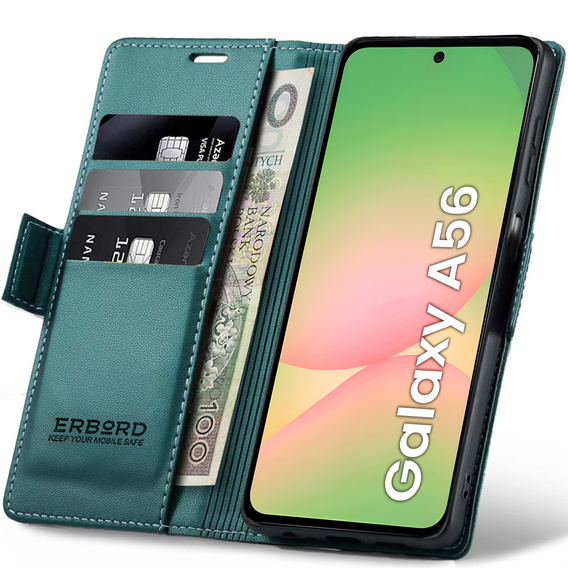Puzdro pre Samsung Galaxy A56, ERBORD Glossy Litchi, flipová peňaženka, zelený