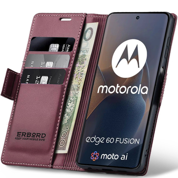 Puzdro pre Motorola Edge 60 / 60 Fusion, ERBORD Glossy Litchi, flipová peňaženka, červené