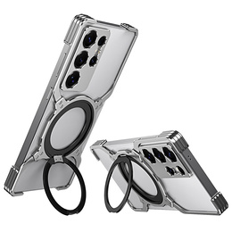 Puzdro pre Samsung Galaxy S25 Ultra, Kickstand Bumper, s krytom objektívu, pre MagSafe, strieborné