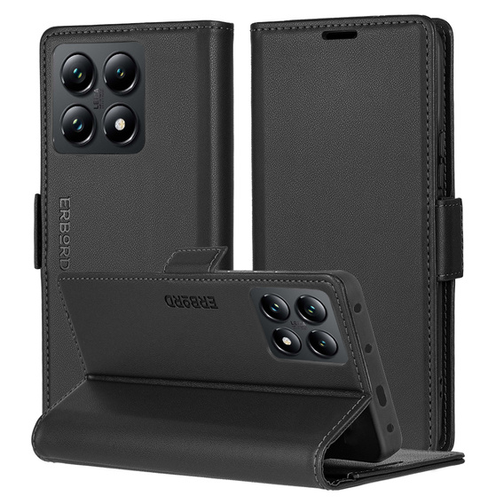 Puzdro pre Xiaomi 14T Pro, ERBORD Glossy Litchi, flipová peňaženka, čierne