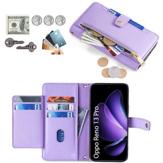 Klapkové puzdro pre Oppo Reno 13 Pro, Wallet Zipper Pocket, fialové