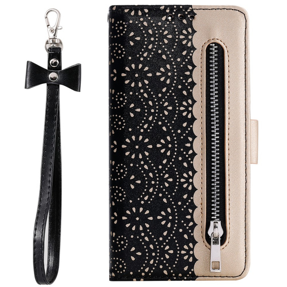 Klapkové puzdro pre Samsung Galaxy A35 5G, Wallet Pocket Zipper Lace, čierne
