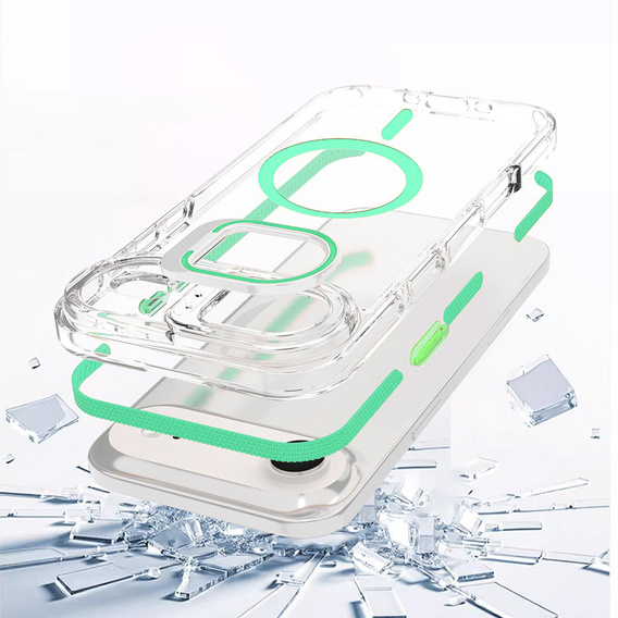 Puzdro pre iPhone Air, pre MagSafe, so stojanom, priehľadné so zelenými vložkami