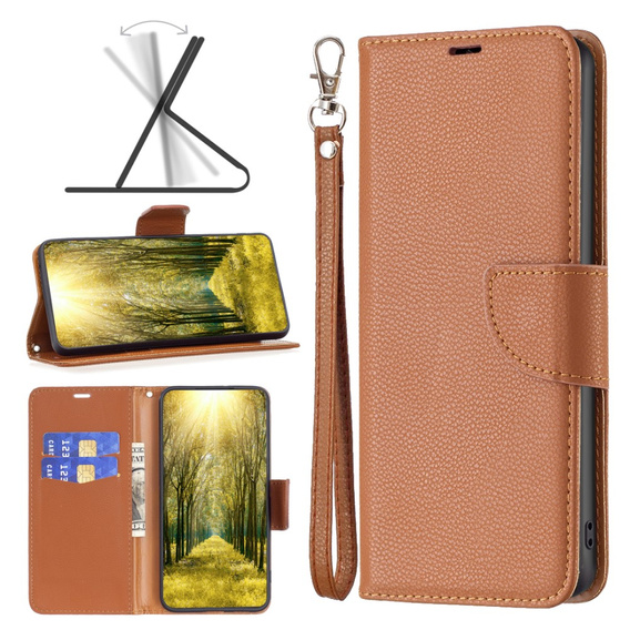 Klapkové puzdro pre Samsung Galaxy A25 5G, Wallet Litchi Leather, hnedé + 9H sklo 