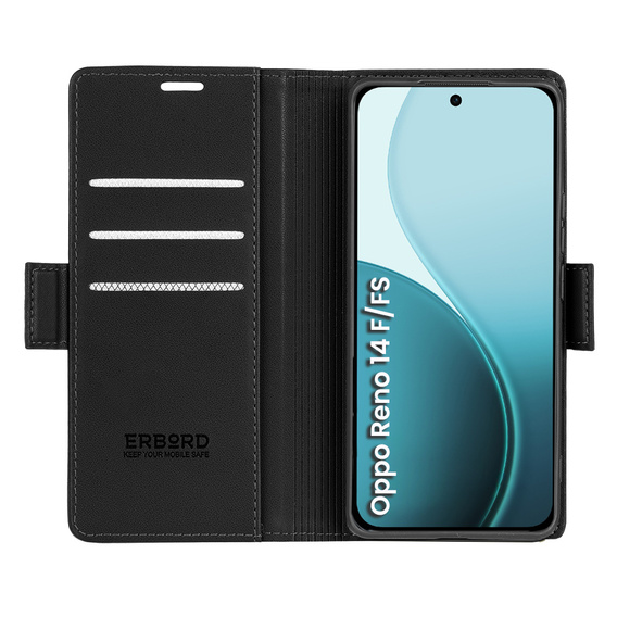 Puzdro pre Oppo Reno 14 F / 14 FS, ERBORD Glossy Litchi, flipová peňaženka, čierne
