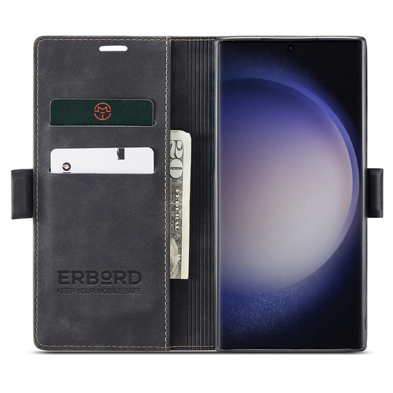 Puzdro pre Samsung Galaxy S23 Ultra, ERBORD Vintage, peňaženka s chlopňou, čierne