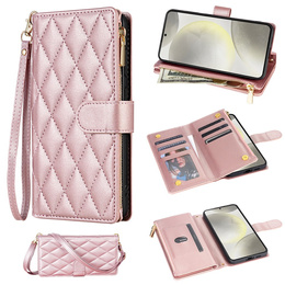 Puzdro s chlopňou pre Samsung Galaxy S25 Edge, Rhombus Crossbody Leather, ružové rose gold