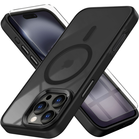 Puzdro pre iPhone 16 Pro, pre MagSafe, ERBORD Matt Case, transparentné / čierne + sklo na displej