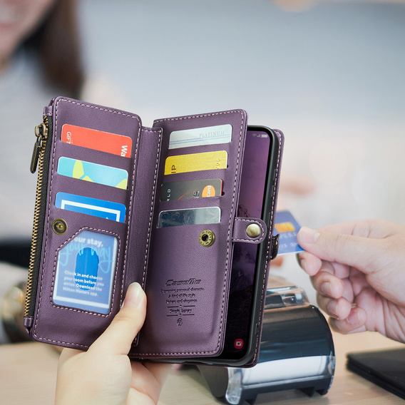 Klopové puzdro pre Samsung Galaxy A17 5G, peňaženka so zámkom a popruhmi - fialové
