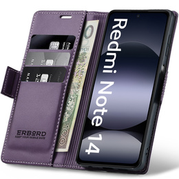 Puzdro pre Xiaomi Redmi Note 14 5G, ERBORD Glossy Litchi, flipová peňaženka, fialové