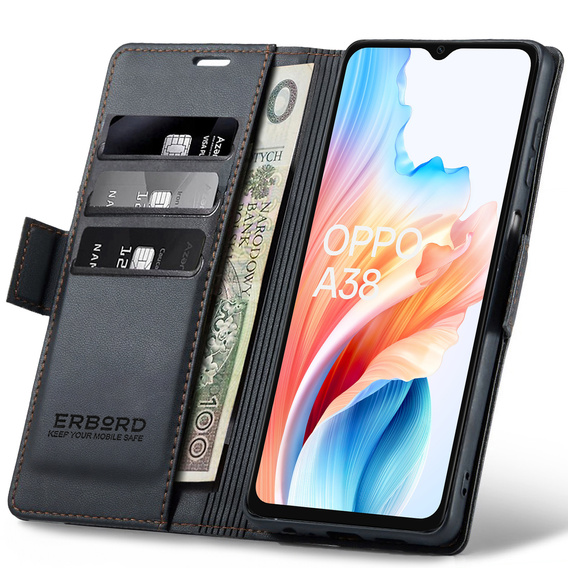Puzdro pre Oppo A18 4G / A38 4G, ERBORD Glossy Litchi, flipová peňaženka, čierne