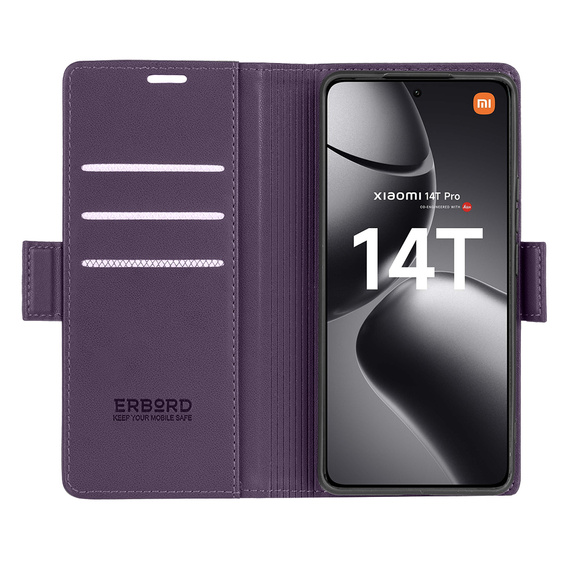 Puzdro pre Xiaomi 14T Pro, ERBORD Glossy Litchi, flipová peňaženka, fialové
