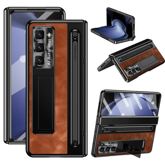 Puzdro s podstavcom Leather+PC s okienkom a stylusom pre Samsung Galaxy Z Fold6 5G