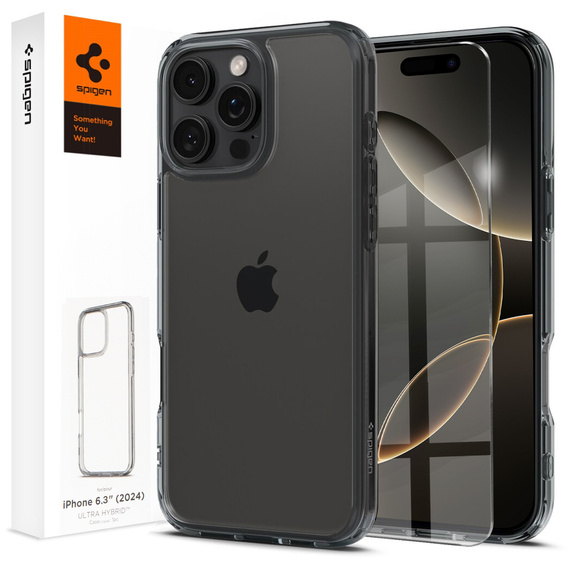 Puzdro Spigen pre iPhone 16 Pro, Ultra Hybrid, sivé + tvrdené sklo 9H