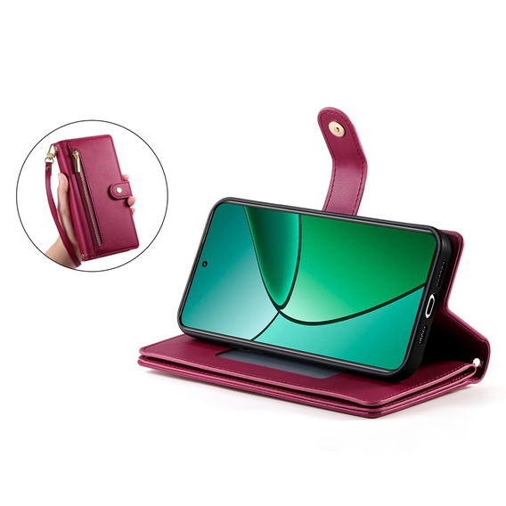 Klapkové puzdro pre Realme 14 Pro 5G, Wallet Zipper Pocket, červené