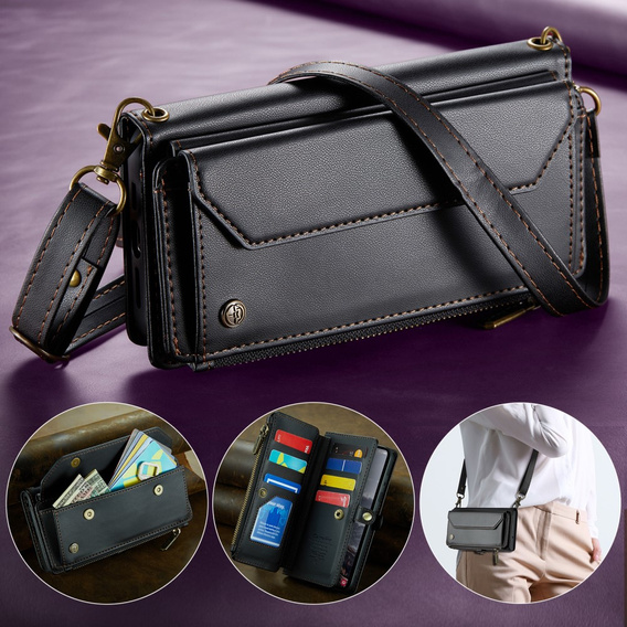 Puzdro CASEME pre Samsung Galaxy S24 FE, RFID Leather Wallet, s popruhom cez rameno, čierne