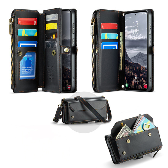 Puzdro CASEME pre Samsung Galaxy S25 FE, RFID Leather Wallet, s popruhom cez rameno, čierne