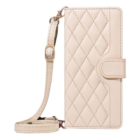 Puzdro s chlopňou pre iPhone 16E, Rhombus Crossbody Leather, béžové