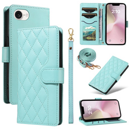 Puzdro s chlopňou pre iPhone 16E, Rhombus Crossbody Leather, zelený