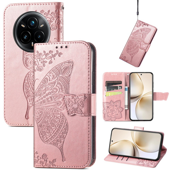 Klapkové puzdro pre Realme 14 Pro 5G, Butterfly, ružové rose gold