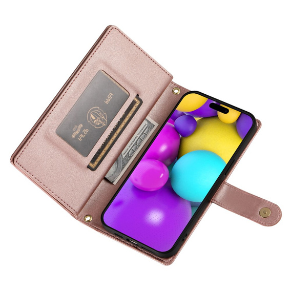Klapkové puzdro pre iPhone 16, Wallet Zipper Pocket, ružové