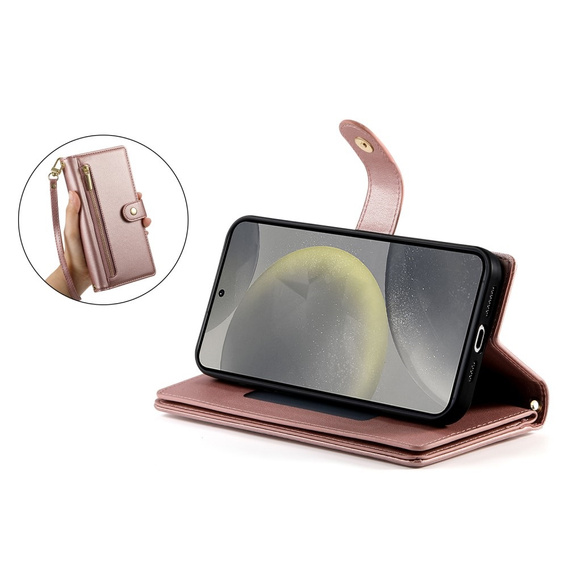 Klapkové puzdro pre Samsung Galaxy S25, Wallet Zipper Pocket, ružové