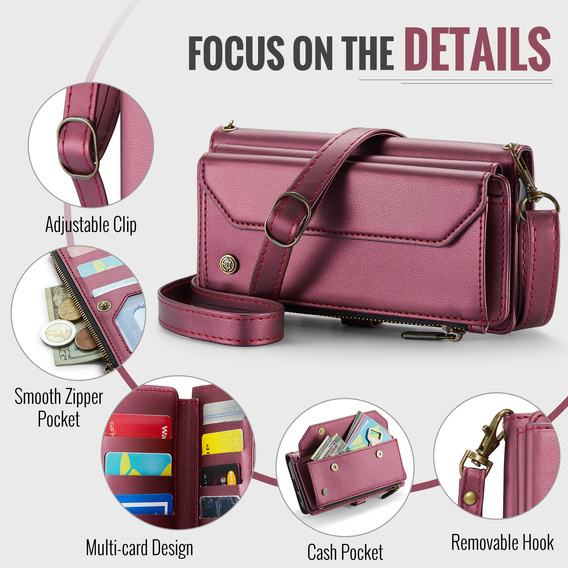 Puzdro CASEME pre Samsung Galaxy S25 FE, RFID Leather Wallet, s popruhom cez rameno, červené