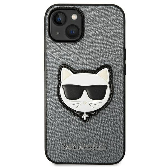 Karl Lagerfeld Obal na mobil pre iPhone 14, Saffiano Choupette Head Patch, strieborné