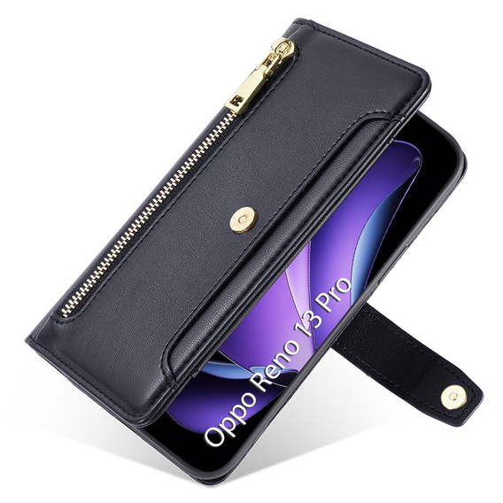 Klapkové puzdro pre Oppo Reno 13 Pro, Wallet Zipper Pocket, čierne