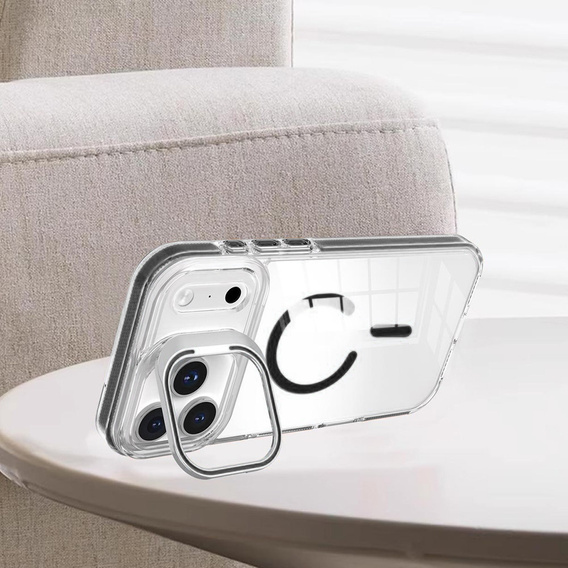 Puzdro pre iPhone 17 Pro, pre MagSafe, so stojanom, priehľadné s čiernymi vložkami