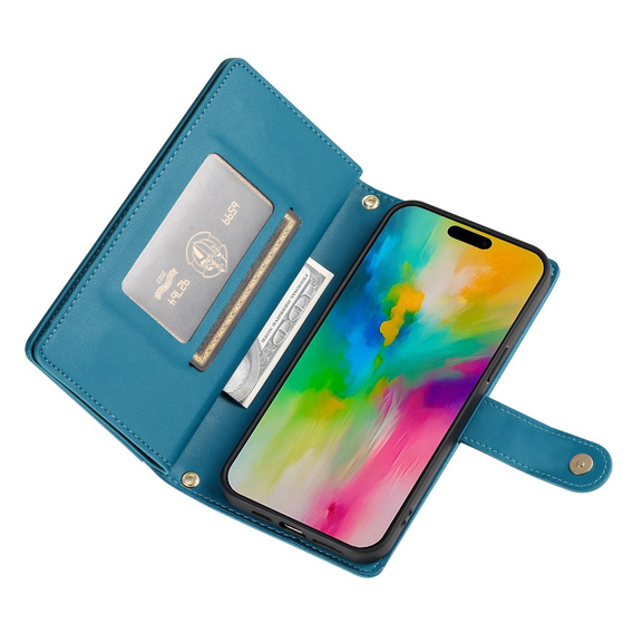 Klapkové puzdro pre iPhone 16 Pro, Wallet Zipper Pocket, modré