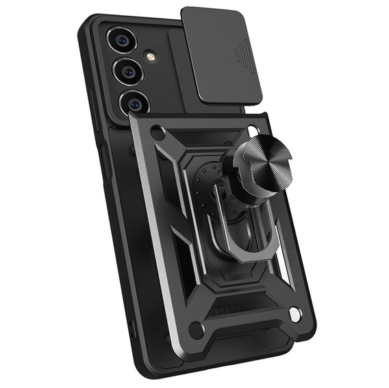 Pancierované puzdro pre Samsung Galaxy A25, pancierovaný Slide Ring, čierne + 9H sklo