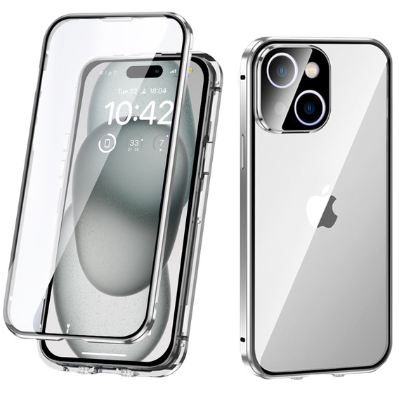 Puzdro pre iPhone 15 Plus, Magnetic Dual Glass, strieborné