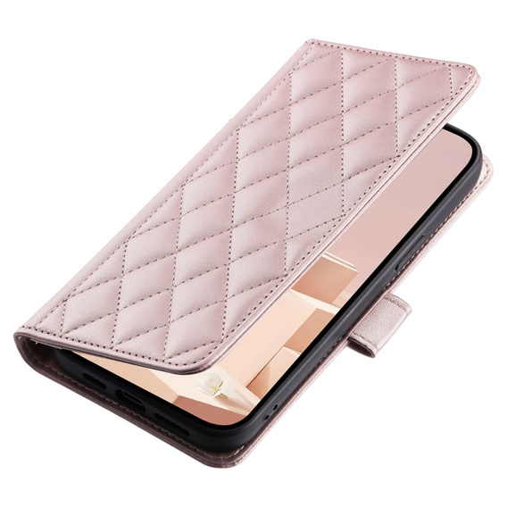 Puzdro s chlopňou pre iPhone 16 Pro, Rhombus Crossbody Leather, ružové rose gold