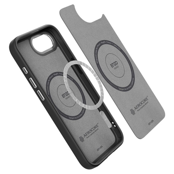 Puzdro Spigen pre iPhone 16E, Enzo Aramid MagSafe, karbónová čierna + tvrdené sklo 9H