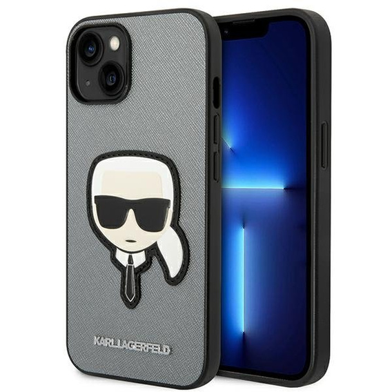 Karl Lagerfeld Obal na mobil pre iPhone 14, Saffiano Karl's Head Patch, strieborné