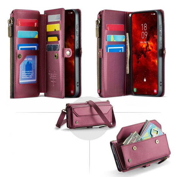 Puzdro CASEME pre Samsung Galaxy S24 FE, RFID Leather Wallet, s popruhom cez rameno, červené