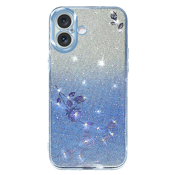 Puzdro pre iPhone 16 Plus, Glitter Flower, modré