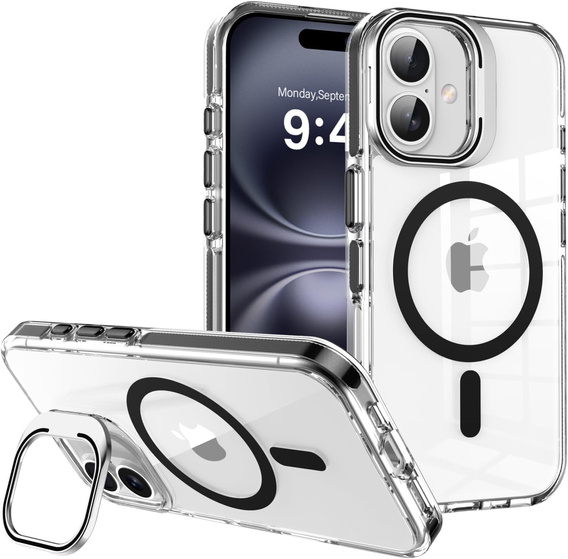 Puzdro pre iPhone 17, pre MagSafe, so stojanom, priehľadné s čiernymi vložkami