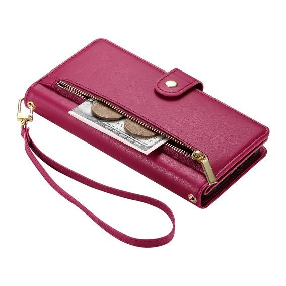 Klapkové puzdro pre iPhone 16 Pro Max, Wallet Zipper Pocket, červené