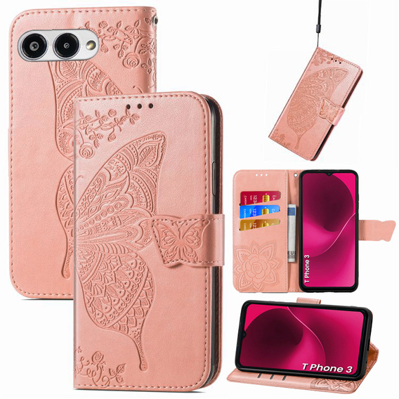 Klapkové puzdro pre T Phone 3 5G, Butterfly, ružové rose gold