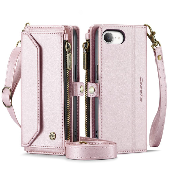 Puzdro CASEME pre iPhone16E, RFID Leather Wallet, s popruhom cez rameno, ružové
